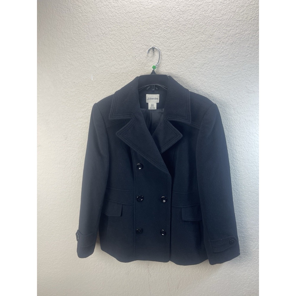 St. John's Bay Women's Black Double Breasted Peacoat Classic Winter Coat P Large